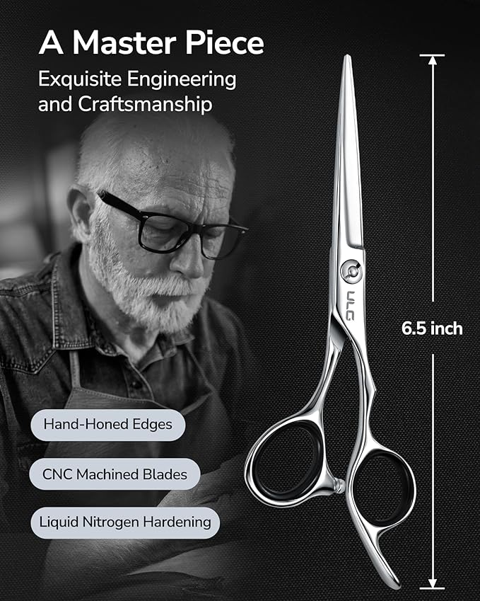 ULG Professional Hair Cutting Scissors 6.5 Inch – Japanese Stainless Steel Barber Shears for Salon & Home Haircut, Ergonomic Offset Handles with Silencer, Hand-Honed Sharp Blades, Silver
