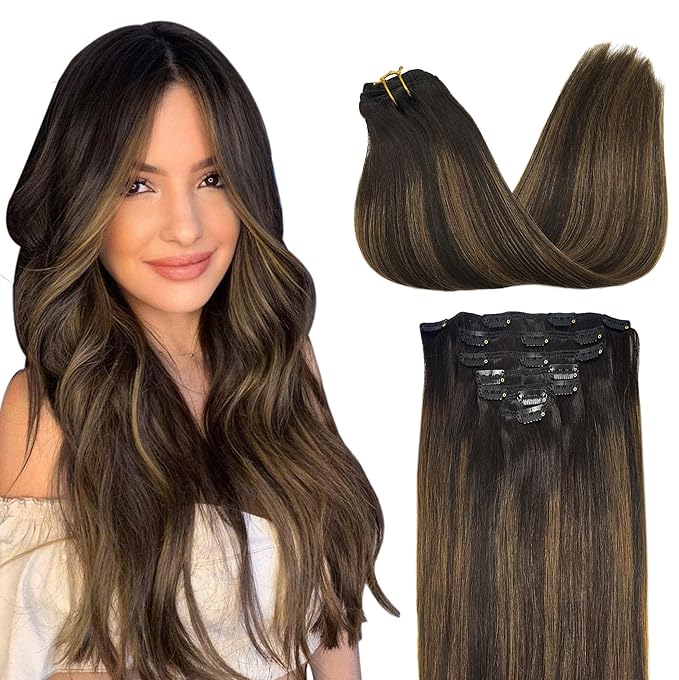 GOO GOO Clip in Hair Extensions Real Human Hair, Remy Human Hair Extensions Clip ins for Women, Natural Human Hair, 24inch 120g 7Pcs, 2/6/2 Balayage Dark Brown to Chestnut Brown