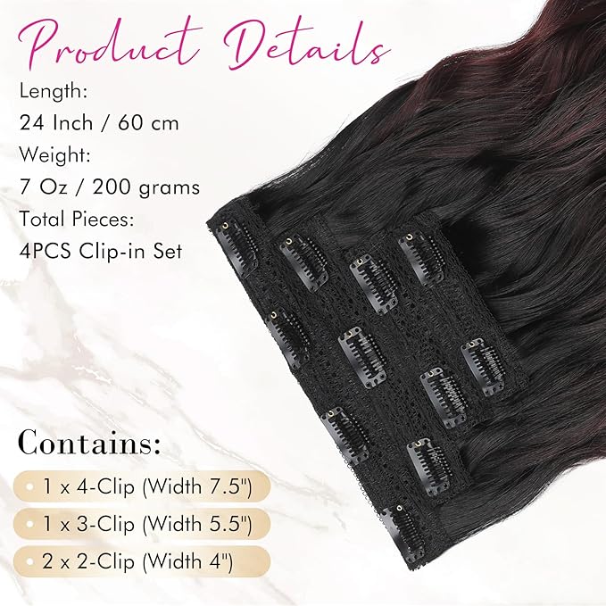 REECHO Clip in Hair Extensions, 4PCS Hair Extensions 24" Thick Long Beach Waves hair extensions HE003 Invisible Lace Weft Natural Soft Hairpieces for Women (Black to Burgundy Ombre)