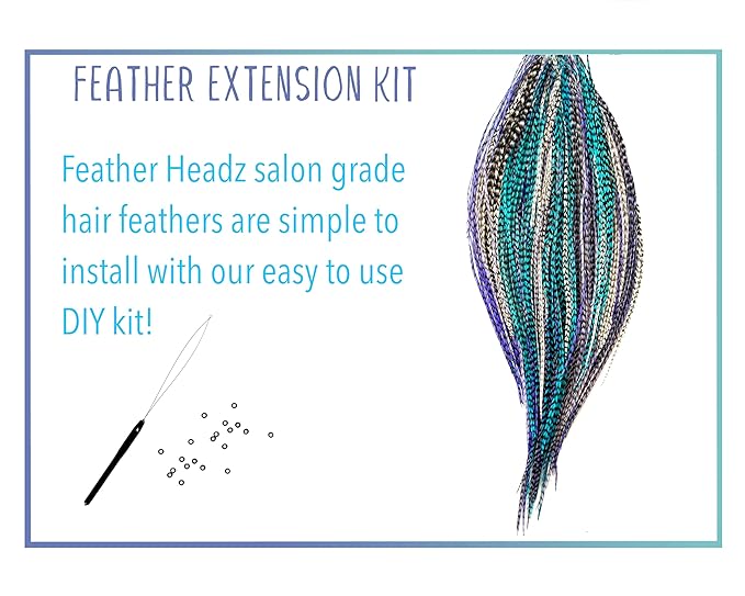 21 Purple, White & Turquoise Grizzly Hair Extensions – 9”–14” Long – DIY Rooster Kit with 20 Micro-Link Beads – 100% Real Feathers – Eye-Catching Boho Style