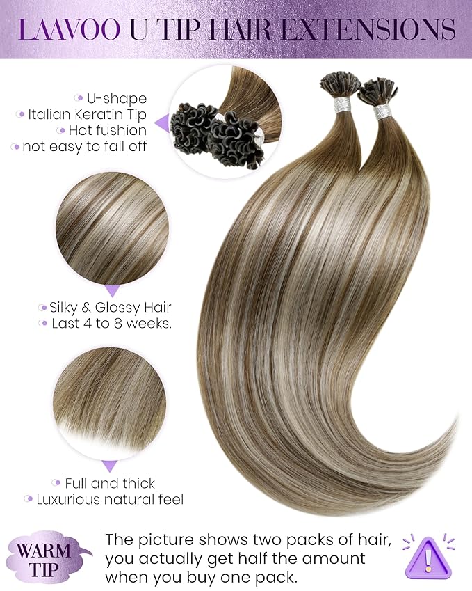 LaaVoo K Tip Hair Extensions Human Hair Balayage Ktip Human Hair Extension Balayage Light Brown Mix Blonde Utip Extensions Human Hair Soft Straight 50g 1g/s 24 Inch