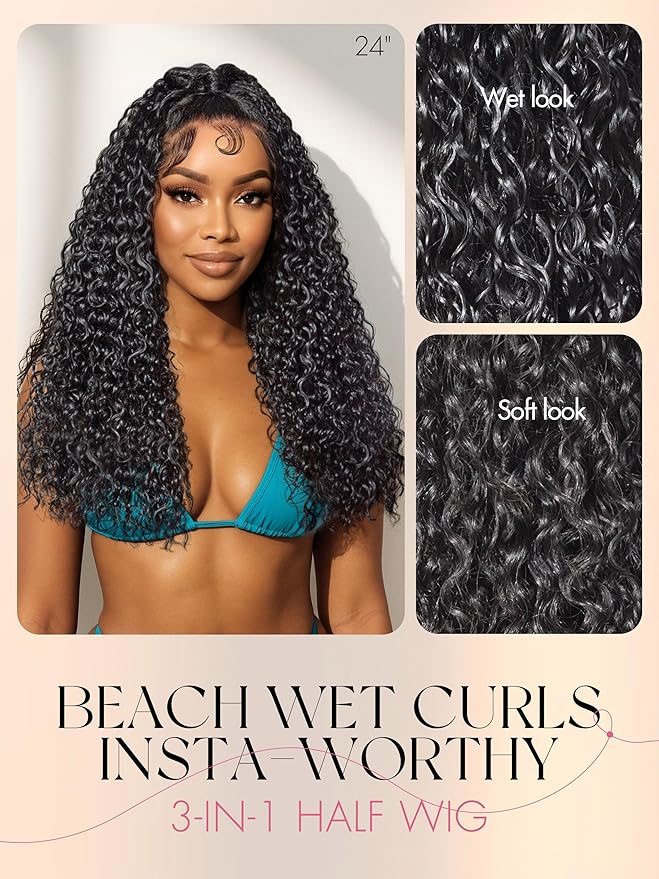 LUVME HAIR Half Wig Human Hair Water Wave Flexi-Fit Invisi Flip Drawstring Wig 200% Density Glueless Wigs 100% Human Hair Natural Black Ready to Go Headband Wig for Women