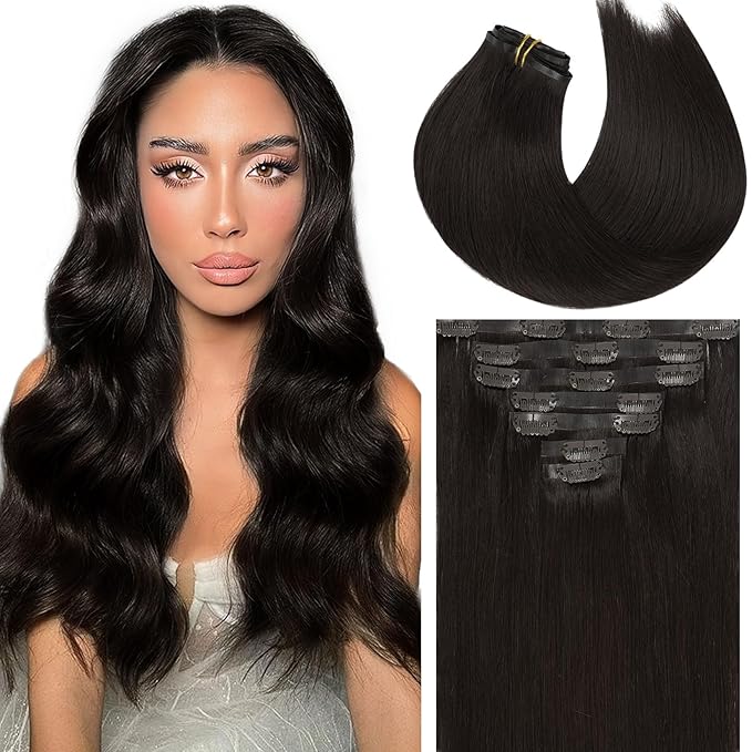 Caliee Human Hair Extensions - 7Pcs Invisible PU Weft Clip-in, Dark Brown, 22 Inch, 110G Seamless, Fluffy & Not Tangled for Short Hair