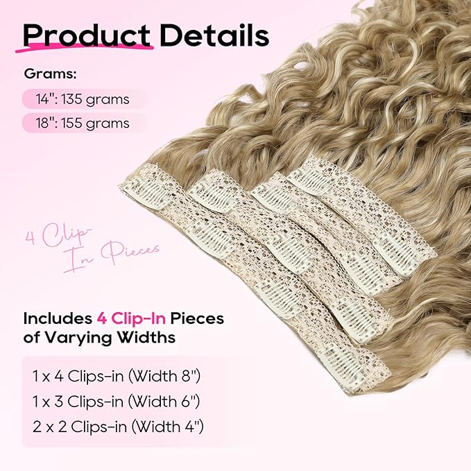 REECHO Curly Hair Extensions - 4PCS 18" GoGo Curly Clip in Hair Extensions 100% Super Protein Hairpieces with Invisible Lace Weft Silky Soft Natural Look for Women - Honey Blonde with Highlights