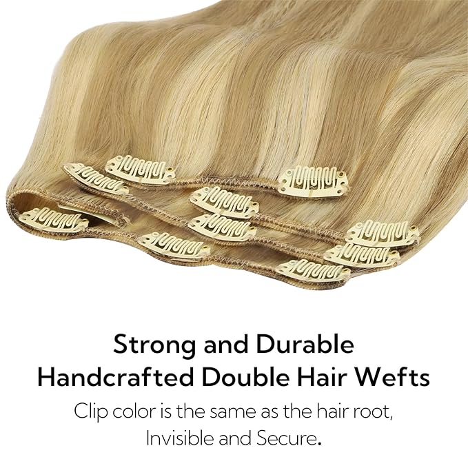 HOTBANANA Clip in Hair Extensions Real Human Hair, 130g 7pcs 16 inch Light Blonde Highlighted Golden Blonde(Ash Tone) Clip in Human Hair Extensions Straight Remy Hair Extensions Full Head