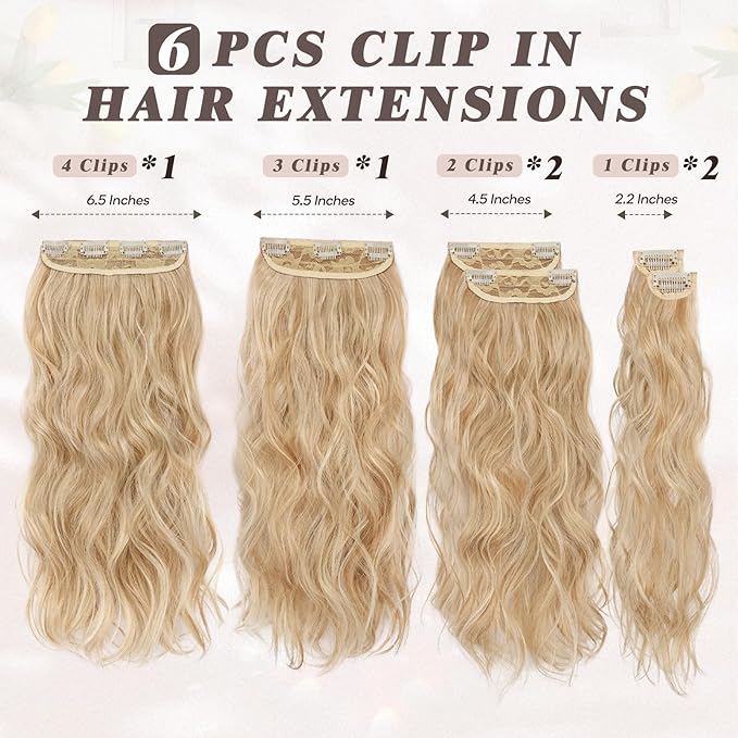 BARSDAR Honey Blonde Clip in Hair Extensions - 20 Inch 6PCs Full Head Beach Wavy Clip in Hair Extensions for Women - Voluminous Thick Soft Synthetic Hairpieces Daily Party Halloween- Honey Blonde Mix