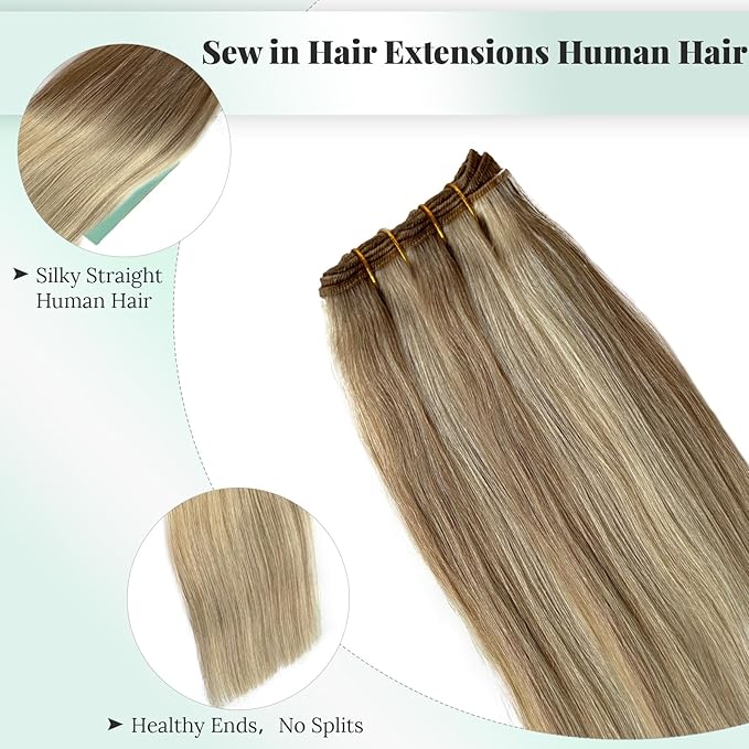 Sew in Hair Extensions Blonde Human Hair Wefts Beige Blonde with Platinum Highlights Straight Bundles Real Human Hair Extensions Sew in 14 Inch 80G for Women