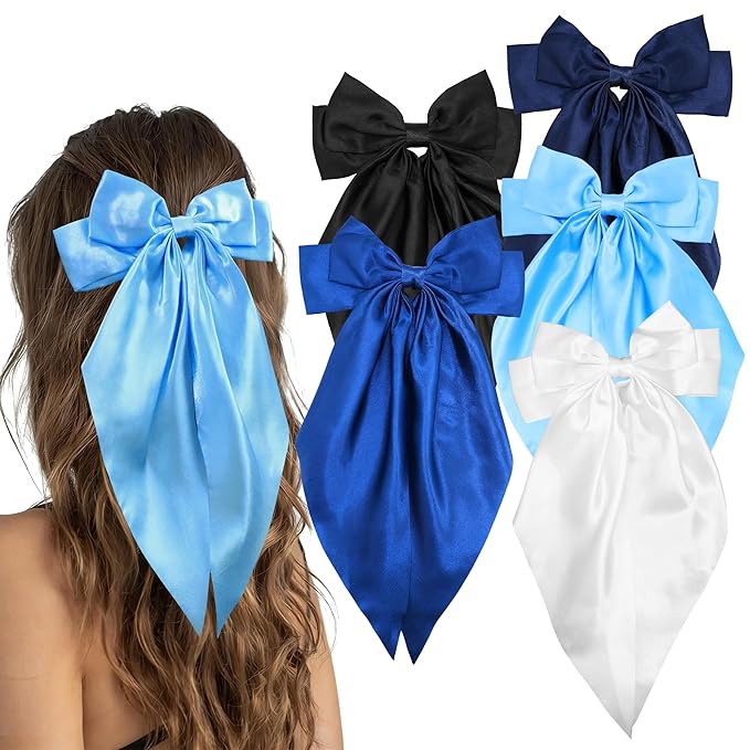 Blue Big Hair Bow for Women - 5Pcs Large Hair Clips for Girls Silky Satin Bows Set, Oversized Long Tail Cute Hair Ribbons Barrettes Aesthetic Hair Accessories Hairbows Gifts