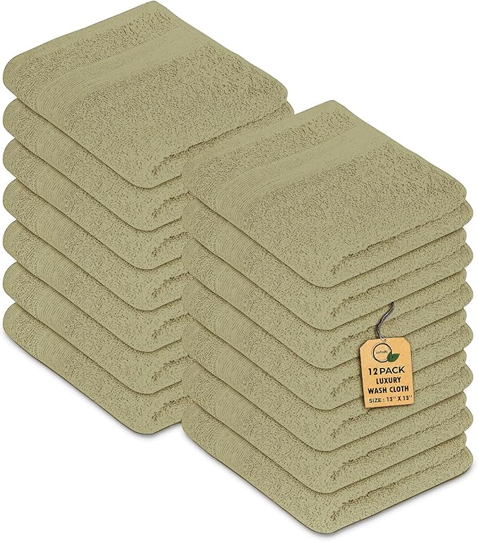 Premium Wash Cloths Pack of 12 (13" x 13") 100% Ring Spun Cotton | Luxury Washcloths | Ultra Soft Face Towels | Highly Absorbent Wash Cloths for face (Sage Green)