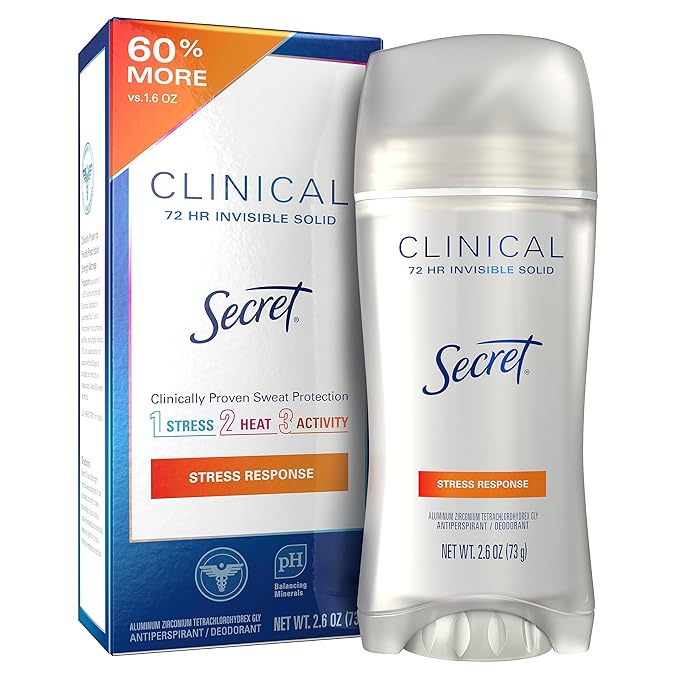 Secret Clinical Strength Antiperspirant Deodorant for Women, Stress Response, 3X Stress Protection, 72hr Sweat & Odor Protection, PH Balancing Minerals, Invisible Solid, 1.6 oz