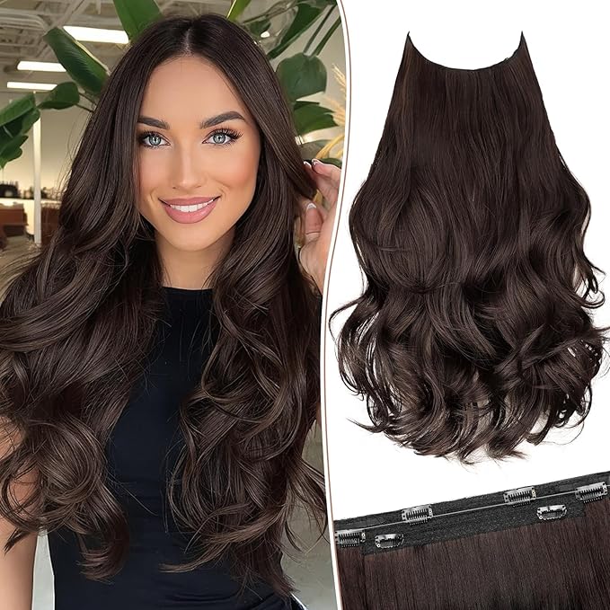 KooKaStyle Invisible Wire Hair Extensions Long Straight Layered Synthetic with Transparent Wire Adjustable Size 6 Secure Clips Hairpieces for Women 20 Inch (20 Inch,Reddish Chocolate Brown)