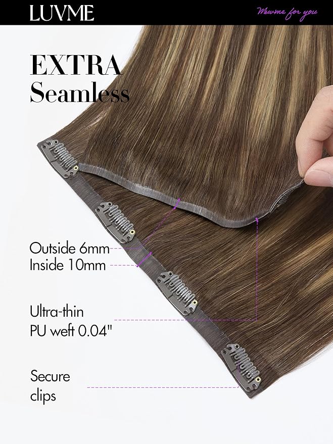 LUVME Straight Seamless 110g 7Pcs Clip in Hair Extensions Full Max with 14 inch Remy Human Hair Extensions, Highlight Color 100% Real Soft Human Hair