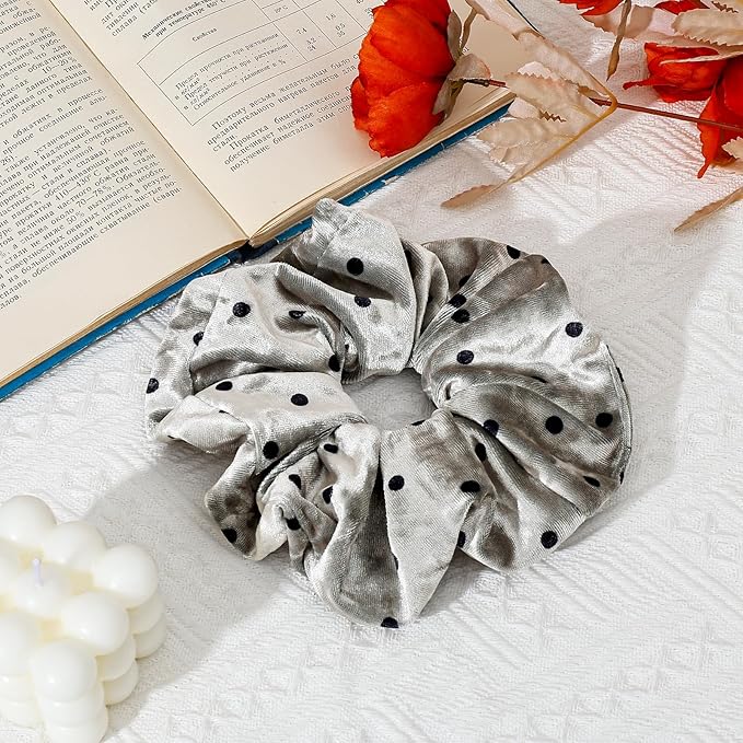 2-Piece Velvet Hair Scrunchies, Big Non Slip Polka Dot Hair Ties for Daily Styling, Parties & Workouts, No Damage Scrunchy Ponytail Holders Hair Accessories for Women & Girls (Black & Gray)