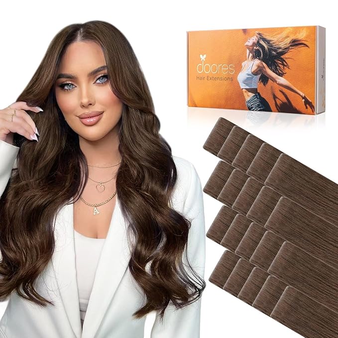 DOORES Invisi Edge Tape in Hair Extensions Human Hair, Chocolate Brown 10 Injection Tape-ins with 10 Injection Tape-ins 50g 20 Inch, Injected Tape in Extensions Thick Ends