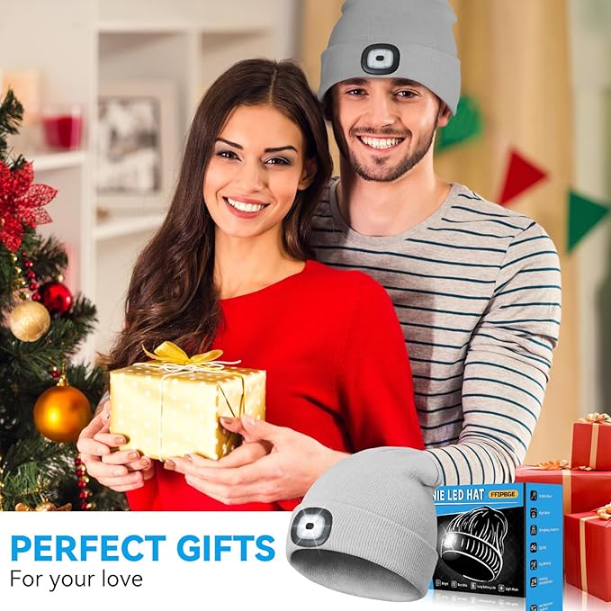 Christmas Stocking Stuffers for Men Adults, Beanie Hats with Light, USB Rechargeable LED Hand Free Headlamp, Birthday Gifts for Men, Women, and Teens, Ideal for Camping, Hiking, 2 Pack, Grey