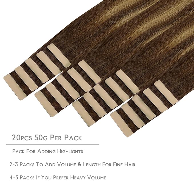 WENNALIFE Tape in Hair Extensions, 24 Inch 50g Balayage Chocolate Brown to Caramel Blonde Remy Human Hair, 20pcs Coloured Tape Extensions