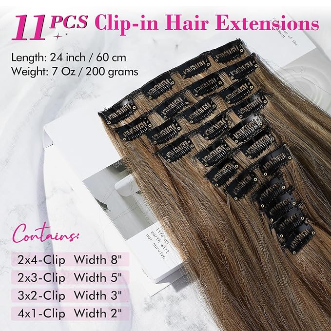 REECHO Hair Extensions, 11PCS Clip in Hair Extensions 24" Long Straight hair extensions HE005 Natural Soft Synthetic Hairpieces for Women – Dark Brown with Highlights