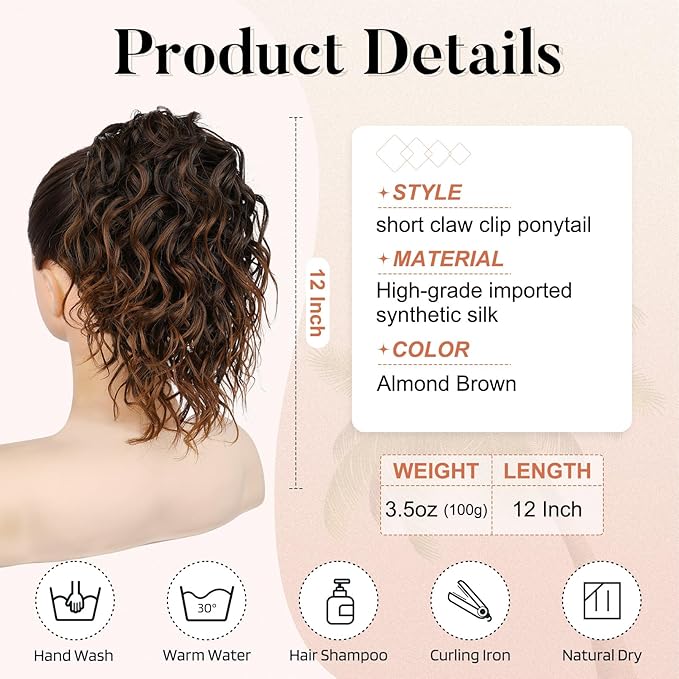 Flufymooz Ponytail Extension, 12" Short Claw Ponytail Extension Wavy Curly Jaw Clip in Pony tails Hair Extension Natural Synthetic Hairpiece for Women (Almond brown)