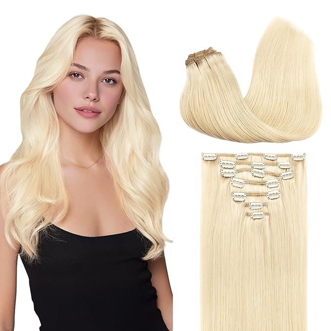 GOO GOO Clip in Hair Extensions Real Human Hair, Remy Human Hair Extensions Clip ins for Women, Natural Human Hair, 14inch 120g 7Pcs, 613R Bleach Blonde