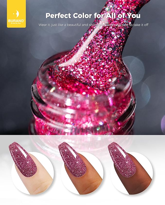 BURANO Glitter Nail Polish, LED UV Shimmer Holographic Effect Soak Off, No Chip Sparkle Gel for Home DIY Nail Salon (Rose LP50)
