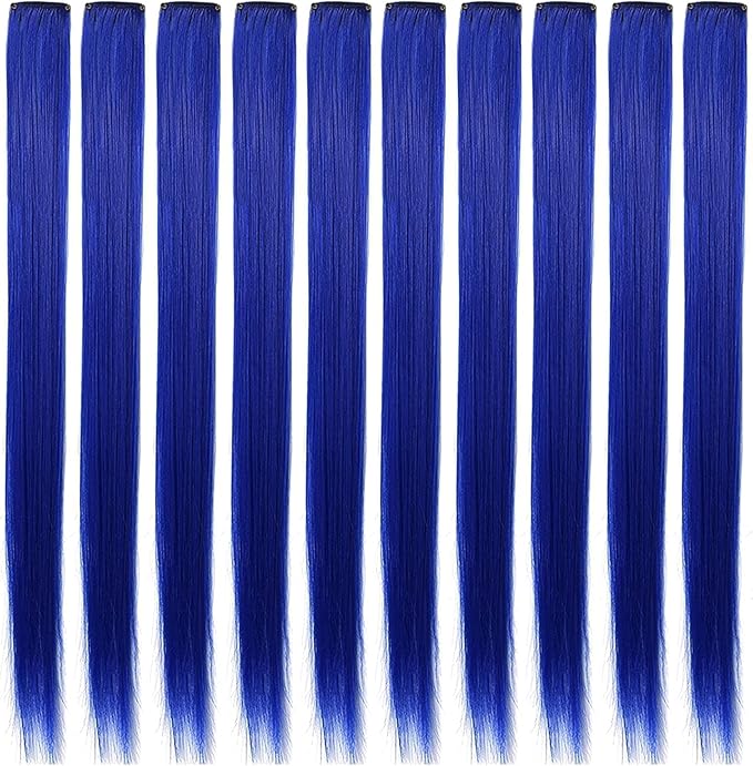 10 PCS 20 inch Colorful Party Highlights Clip in Blue Hair Extensions Multicolors Straight Synthetic Hairpieces for Women Kids Girls Wig Pieces (Blue)