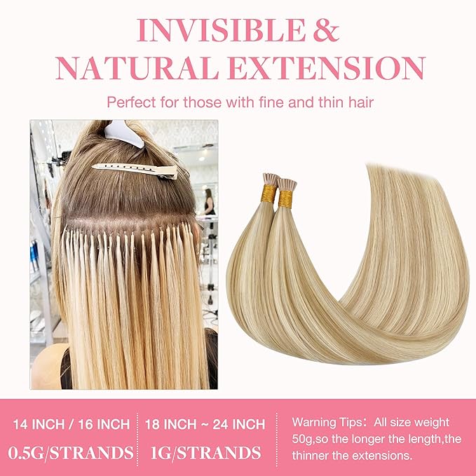 GOO GOO I Tip Hair Extensions Real Human Hair, 14inch 50g 100S, Cold Fusion I Tip Hair Extensions, Invisible Remy Hair Extensions, 18A/613A Dark Blonde Highlighted Bleach Blonde