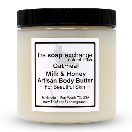 The Soap Exchange Body Butter - Oatmeal, Milk & Honey Scent - Hand Crafted 16 fl oz / 480 ml Natural Artisan Skin Care, Shea Butter, Aloe Vera, Nourish, Moisturize, & Protect. Made in the USA.