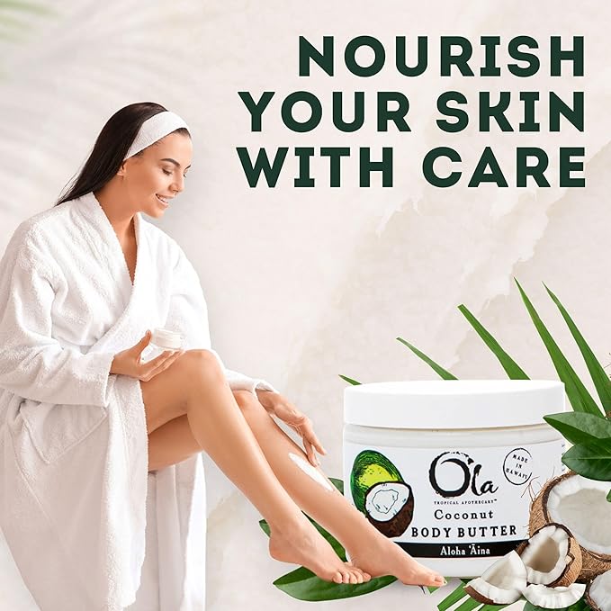 OLA Coconut Body Butter – Moisturizing with Pure Coconut Oil and Hawaiian Plant Extracts - Ideal for Dry Skin - 2.1oz