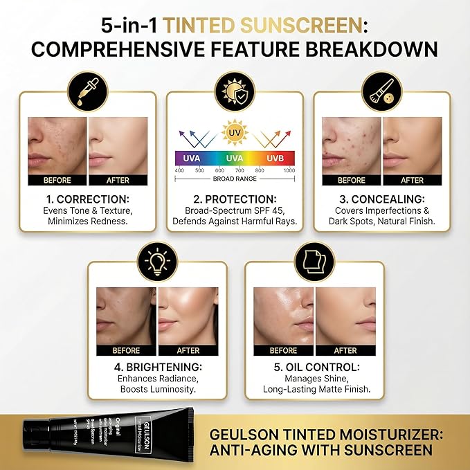 Skincare Intellishe Original SPF 45, Anti-Aging Tinted Sunscreen for Face, Daily Moisturizer with SPF, Anti-Wrinkle with Peptides & Vitamin C, Hydrating Broad-Spectrum Sunscreen Geulson, 1.7oz