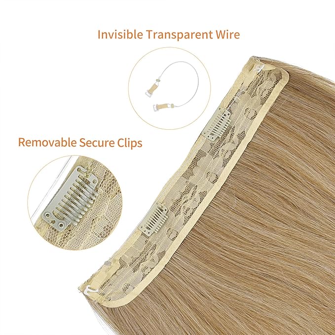 REECHO Invisible Wire Hair Extensions with Transparent Headband Adjustable Size Removable Secure Clips in Straight Secret Hairpiece for Women (16 Inch (Pack of 1), Golden Blonde with Highlights)