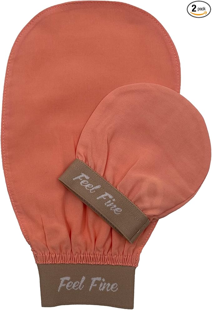 Feel Fine Turkish 100% Natural Plant Silk Exfoliating Gloves & Mitt Set – Hammam Kese for Body Scrub Mitt for Women & Men, Perfect for Shower, Bath, and Spa (Salmon Pink & Feel Fine)
