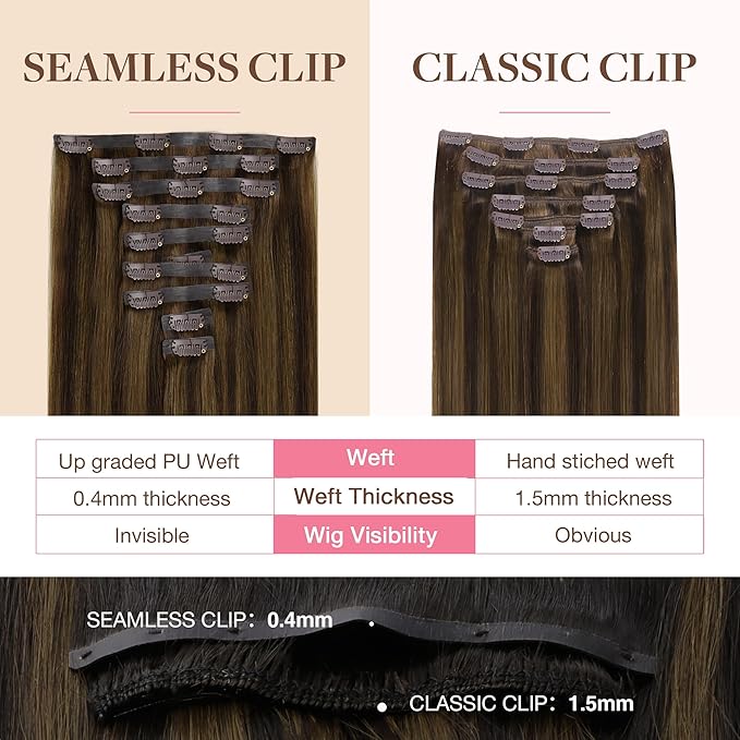 GOO GOO Clip in Hair Extensions Real Human Hair, Remy Human Hair Extensions Clip ins for Women, Natural Human Hair, 14inch 130g 9Pcs, 2C/4E/6C Brown Sugar Swirl Highlights