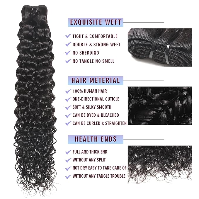 24 24 24 Inch Water Wave Human Hair Bundles Wet and Wavy Water Wave 3 Bundles Double Weft Curly Bundles Human Hair 100% Unprocessed Brazilian Hair Natural Black