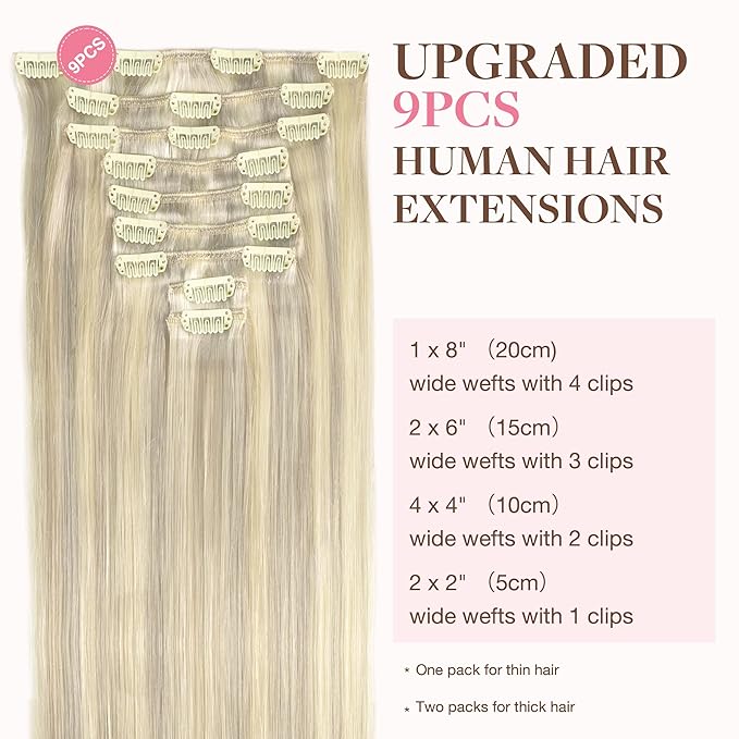 GOO GOO Clip in Hair Extensions Real Human Hair, Remy Human Hair Extensions Clip ins for Women, Natural Human Hair, 16inch 150g 9Pcs, 17A/60A Ash Blonde Highlighted Platinum Blonde