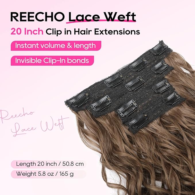 REECHO Curly Hair Extensions, 4PCS 20 inch Clip in Hair Extensions Lace Weft Short Curly Extensions Clip Ins Invisible Natural Hairpieces for Women, Light Brown