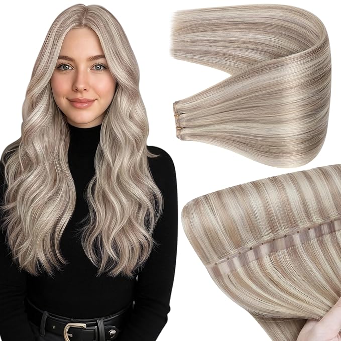 Full Shine Butterfly Weft Hair Extensions Human Hair 20 Inch Invisible Pu Hole Weft Extensions Color 18 Ash Blonde Highlight 613 Bleach Blonde Genius Weft With Hole 100 Grams