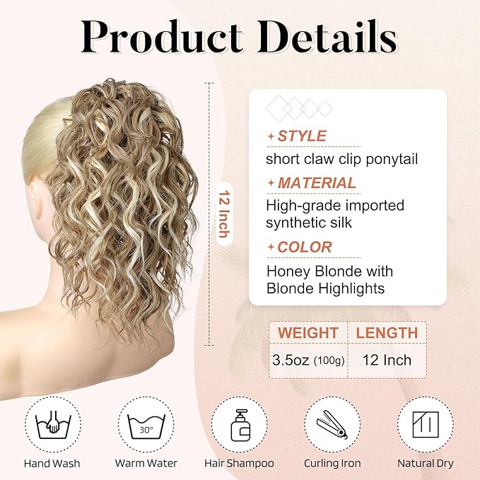 Flufymooz Ponytail Extension, 12" Short Claw Ponytail Extension Wavy Curly Jaw Clip in Pony tails Hair Extension Natural Synthetic Hairpiece for Women (Honey Blonde with Blonde Highlights)