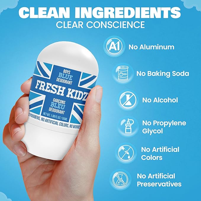 Fresh Kidz Roll On Deodorant for Kids and Teens - Baking Soda and Aluminum-free 24 Hour Protection for Sensitive Skin - Boys "Blue" 1.86 fl.oz. (3 Pack)