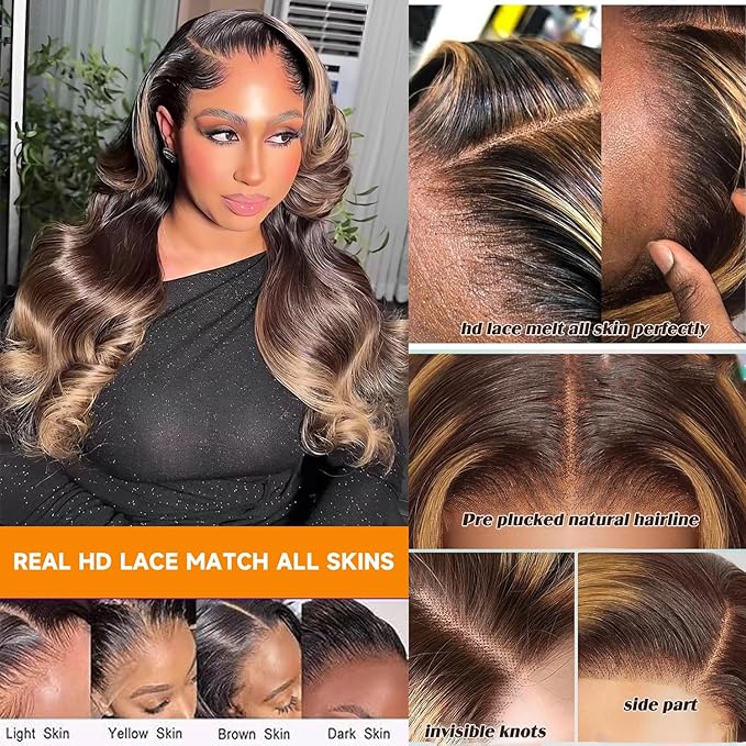 30 Inch Balayage 13x6 Ombre Lace Front Wig Human Hair Colored 1b/27 Honey Blonde Highlight Body Wave Lace Front Wigs Human Hair 200 Density HD Lace Frontal Wigs Pre Plucked Glueless Wigs for Women