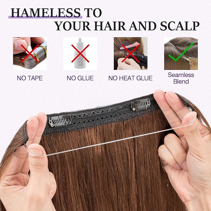 Halo Hair Extensions Real Human Hair,Halo Hair Extension 100% Human Hair, Wire Hair Extensions,Straight 04 Medium Brown 18inch/65g