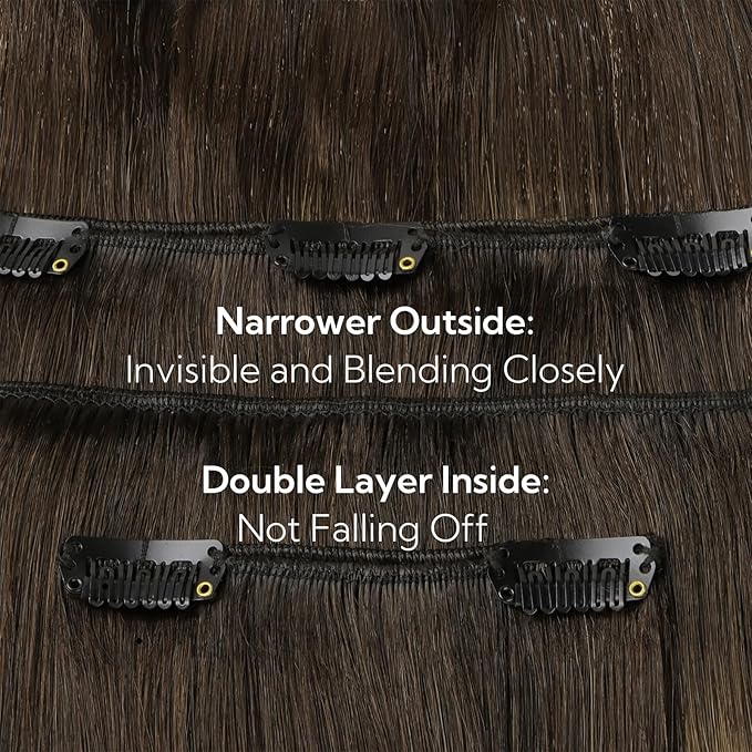 HOTBANANA Clip in Hair Extensions Real Human Hair, 135g 9pcs 14 inch Dark Brown to Chestnut Brown Straight Remy Clip in Extensions Full Head for Women