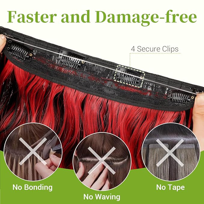 KooKaStyle Invisible Wire Hair Extensions with Transparent Headband Adjustable Size 4 Secure Clips Long Wavy Highlight Hairpiece 20 Inch Black and Red Streaks for Women