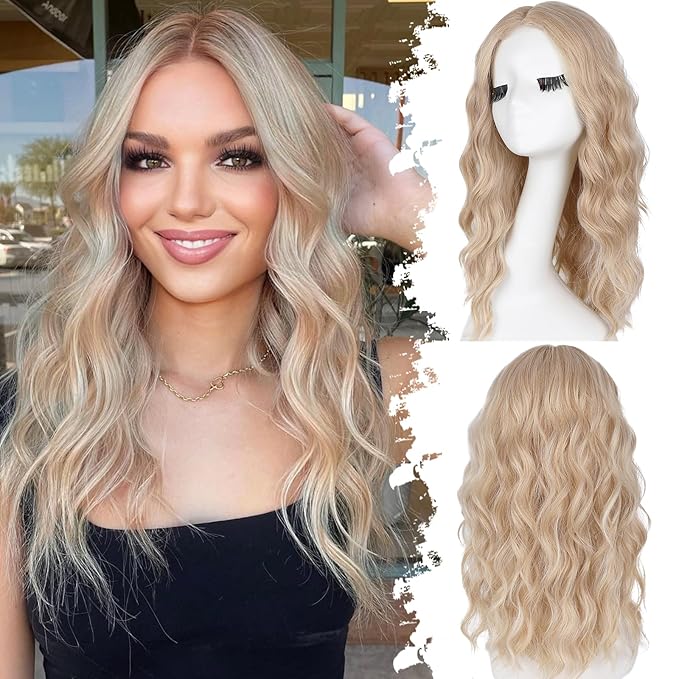 Honey Blonde Mix Platinum Blonde Short Wavy Wig for Women Lace Hairline Bob Style Synthetic Heat Resistant - Natural Appearance for Everyday Hairstyle 18 Inch