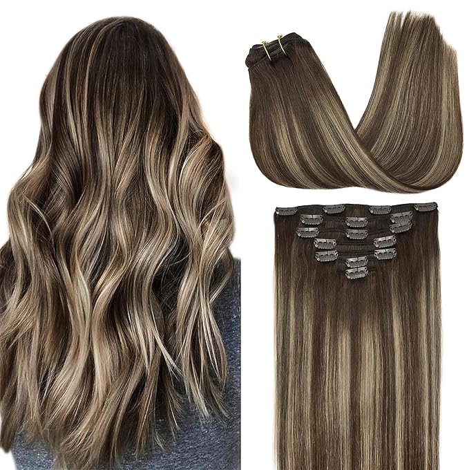 GOO GOO Clip in Hair Extensions Real Human Hair, Remy Human Hair Extensions Clip ins for Women, Natural Human Hair, 22inch 120g 7Pcs, 4/26/4 Balayage Chocolate Brown to Honey Blonde