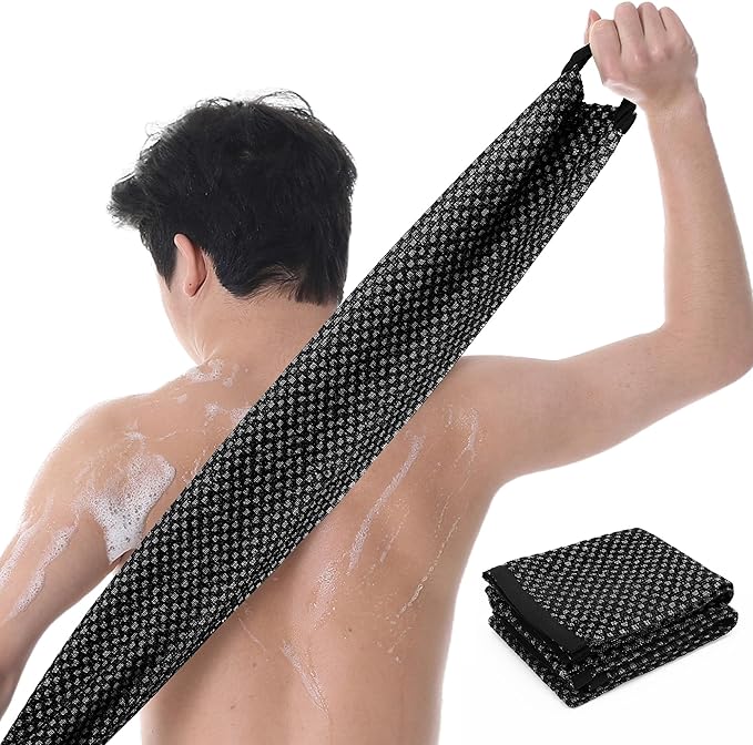 Japanese Exfoliating Loofah Back Scrubber - Shower Bath Towel for Men & Women (2 Pack Black, 33.4" x 11.8")