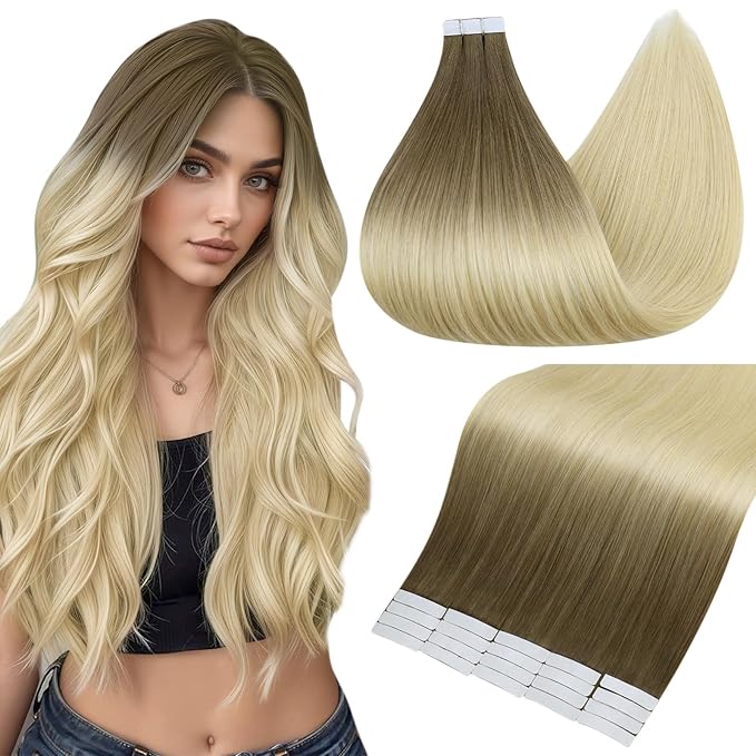 Full Shine Tape Ins Human Hair Extensions 20 Inch Color 3 and 8 Brown Fading to 613 Bleach Blonde Seamless Skin Weft Tape in Hair Extensions 50 Grams Natural Straight Remy Hair 20PCS for Wedding