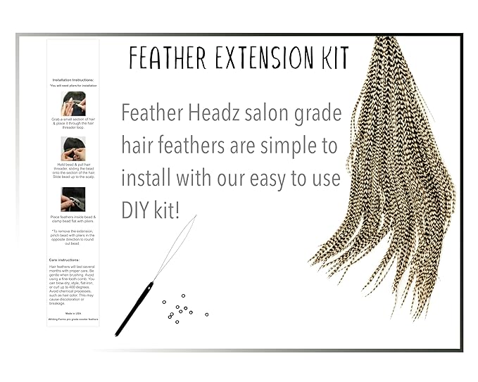 21 Grizzly Color Hair Extensions – 9”–14” Long – DIY Rooster Kit with 20 Micro-Link Beads – 100% Real Feathers – Eye-Catching Boho Style