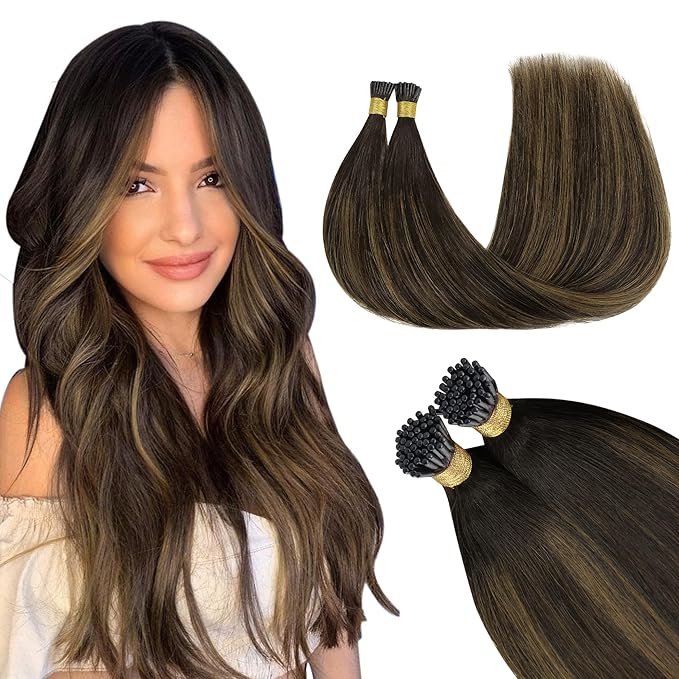 GOO GOO I Tip Hair Extensions, Real Human Hair, 16inch 100g 200S, Cold Fusion I Tip, Invisible Remy, 2/6/2 Balayage Dark Brown to Chestnut Brown