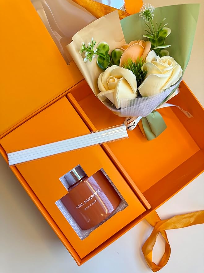 Home Fragrance Self-Care Gift Box for Women – Long-Lasting Reed Diffuser Set, Mini Floral Bouquet, Luxury Room Scent, Unboxing-Ready Aesthetic Box, Perfect Birthday & Thank-You Gift for Her