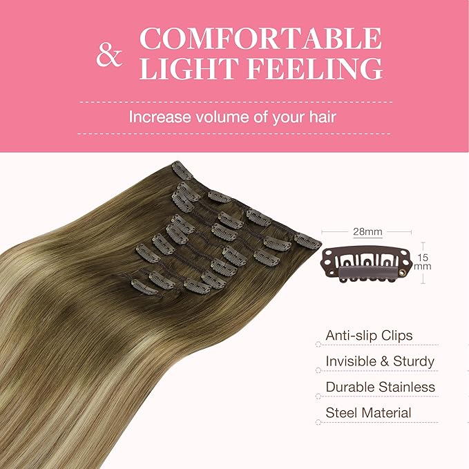 GOO GOO Clip in Hair Extensions Real Human Hair, Remy Human Hair Extensions Clip ins for Women, Natural Human Hair, 18inch 150g 9Pcs, 3/8/613 Balayage Walnut Brown to Ash Brown and Bleach Blonde